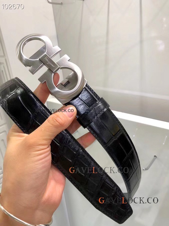 Copy Salvatore Ferragamo Men Belt Crocodile Leather & Gray Buckle